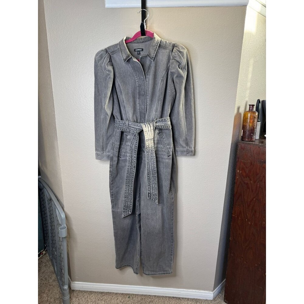 Express Women's Black/Gray Pantsuit sz 12 long sleeve collared 100% cotton‎ belt